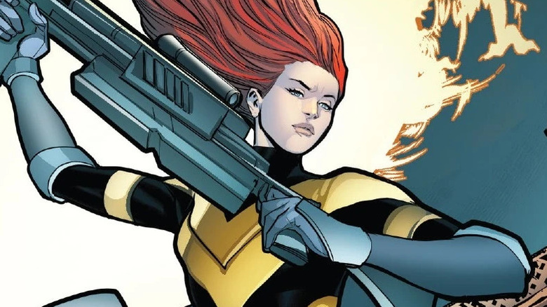 Hope Summers holding a gun and falling downwards in an image from the Immortal X-Men comics