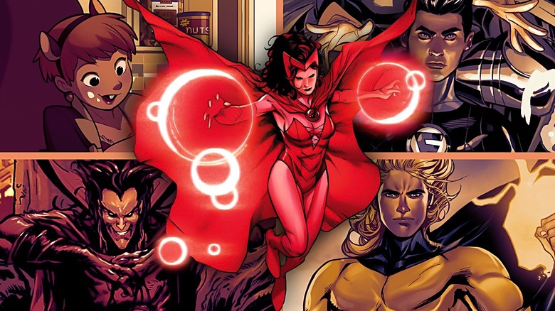 A collage of Marvel characters from the comics, including Squirrel Girl, Mephisto, Scarlet Witch, Sentry, and Franklin Richards