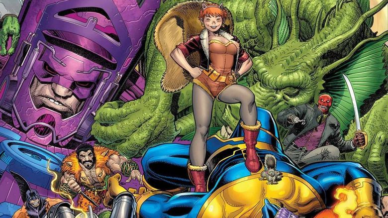Squirrel Girl standing over a mountain of villains including Galactus, Kraven, Thanos, Red Skull, and a dragon in a comic book cover