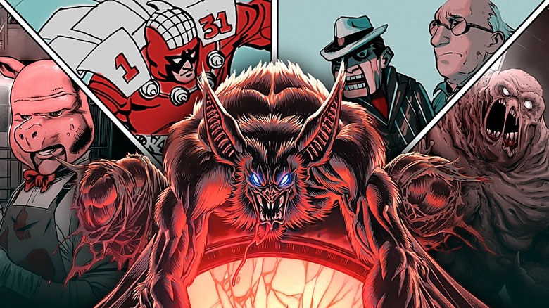 Composite image of Professor Pyg, Calendar Man, The Ventriloquist and Scarface, Clayface, and Man-bat