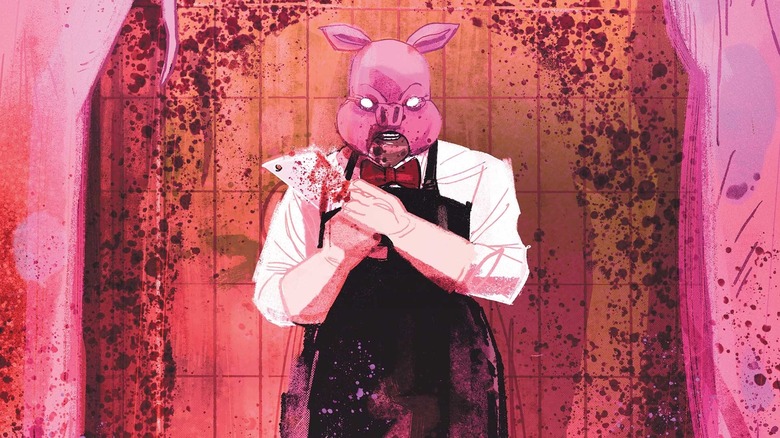 Professor Pyg holding a bloody meat cleaver
