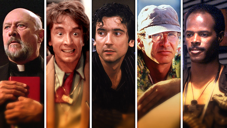 A collage of the priest (Donald Pleasance) in Prince of Darkness, Jack Putter (Martin Short) in Innerspace, Paul Hackett (Griffin Dunne) in After Hours, Allie Fox (Harrison Ford) in The Mosquito Coast, and Jack Spade (Keenen Ivory Wayans) in I'm Gonna Git You Sucka