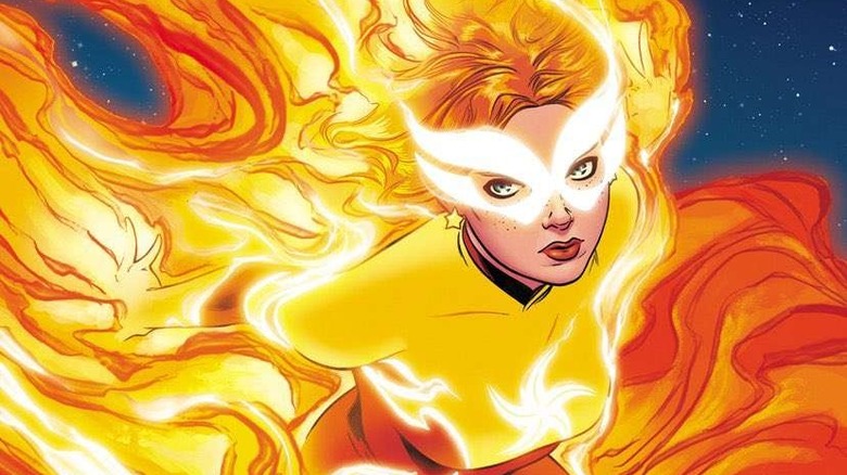 Firestar surrounded by fire while flying in space in a Marvel Comic book