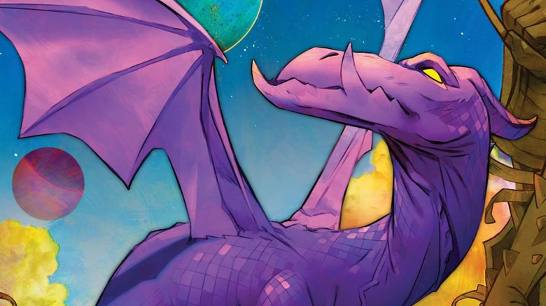 Lockheed the dragon flying in space in a Marvel Comic