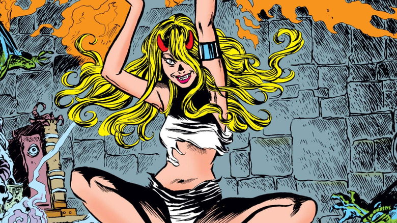 Magik levitating with devil horns in a Magik comic cover