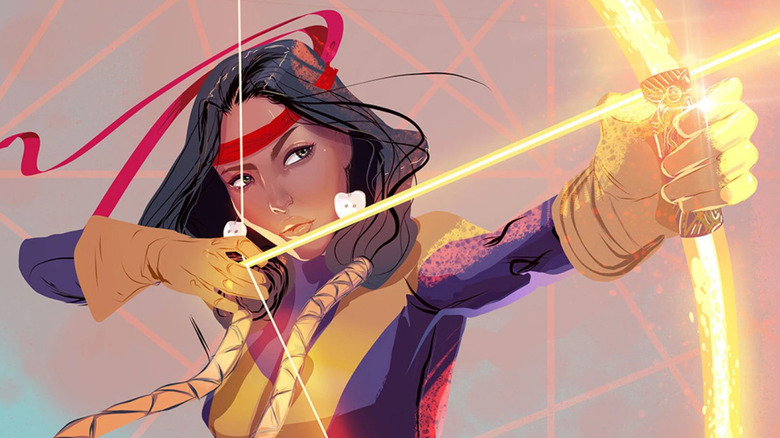 Moonstar aiming a bow made of light in a Marvel Voices comic cover
