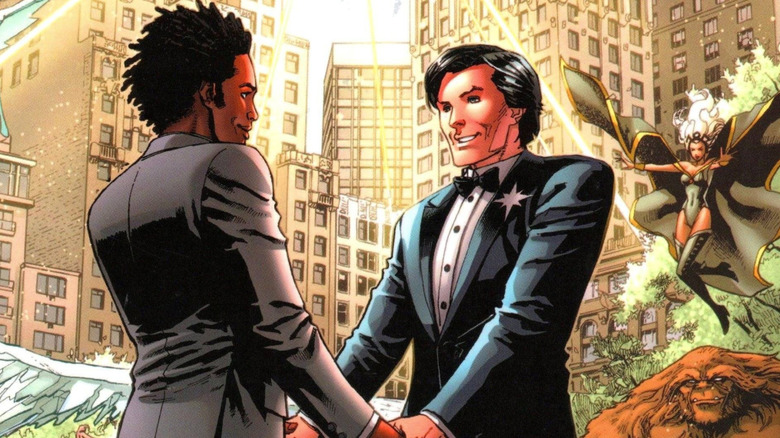 Northstar wearing a tuxedo with his logo on the lapel as Storm flies behind him on an Astonishing X-Men cover