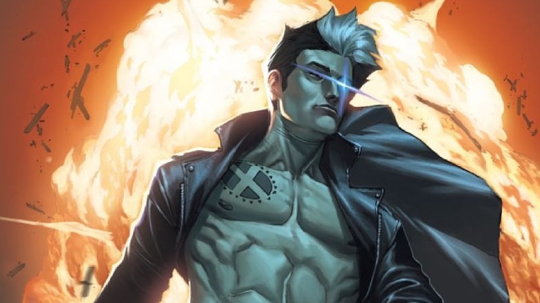 Nate Grey with a glint in his eye walking away from an explosion on a New Mutants comic cover