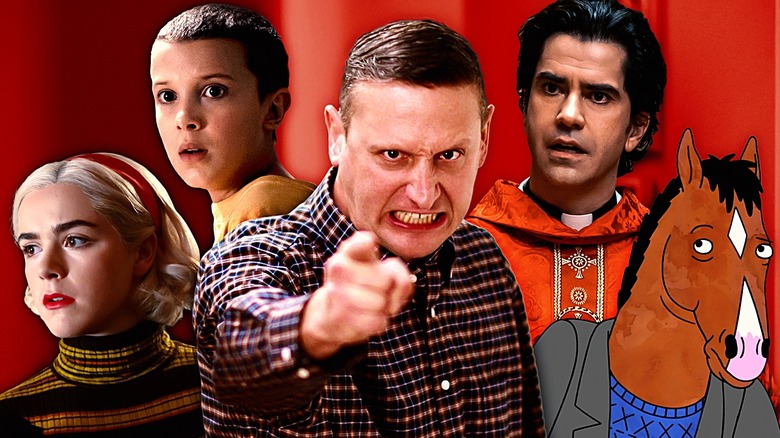 Composite image of Kiernan Shipka's Sabrina Spellman from Chilling Adventures of Sabrina, Millie Bobby Brown's Eleven from Stranger Things, Tim Robinson pointing from I Think You Should Leave with Tim Robinson, Hamish Linklater's Father Paul Hill from Midnight Mass, and BoJack Horseman from BoJack Horseman