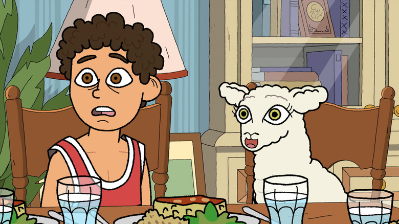 Rumi Hussein (Ramy Youssef) and Lamby (Dina Hashem) are shocked at the dinner table in #1 Happy Family USA