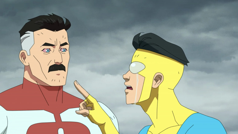 Omni Man (J.K. Simmons) is confronted by his crying son Invincible (Steven Yeun) in Invincible