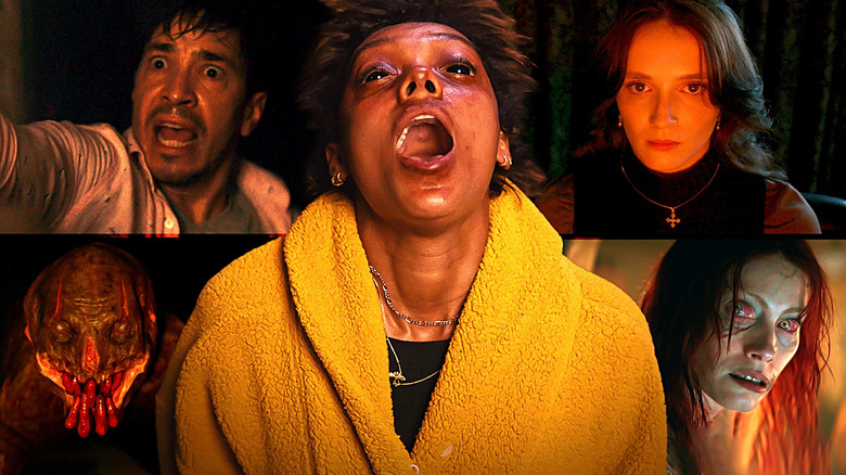 Attached image in the middle for Talk to Me, and around her, Alyssa Sytherland possessed in Evil Dead Rise, Justin Long looking terrified in Barbarian, Juliette Gariepy in Red Rooms, and the Boogeyman monster in The Boogeyman/