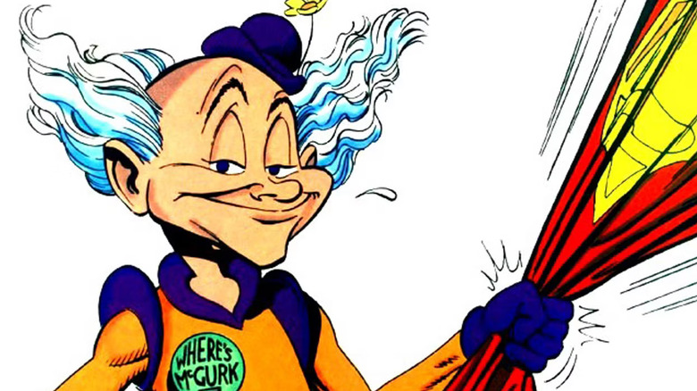Mister Mxyzptlk tug on Superman's cape