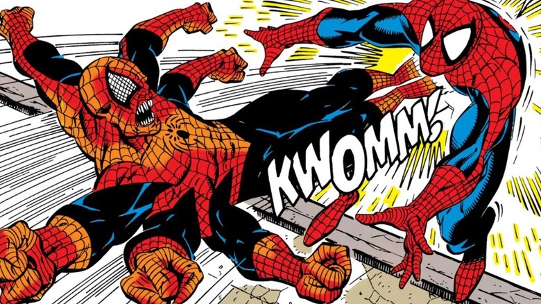 Doppelganger kicking Spider-Man in the stomach in Marvel Comics