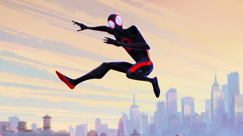 Miles Morales leaping through the air in Spider-Man: Across the Spider-Verse