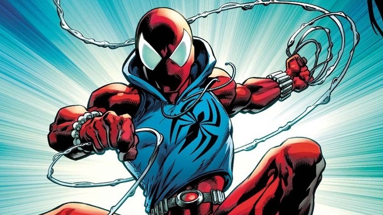 Ben Reilly's Scarlet Spider jumping up in the air