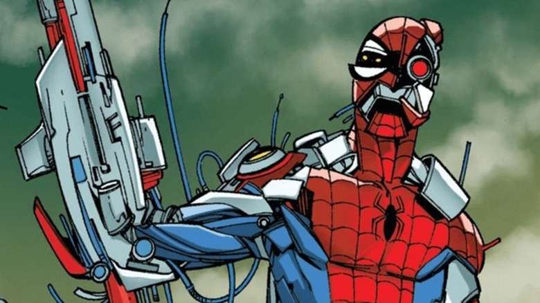 Spider-Cyborg holding up his cybernetic gun arm