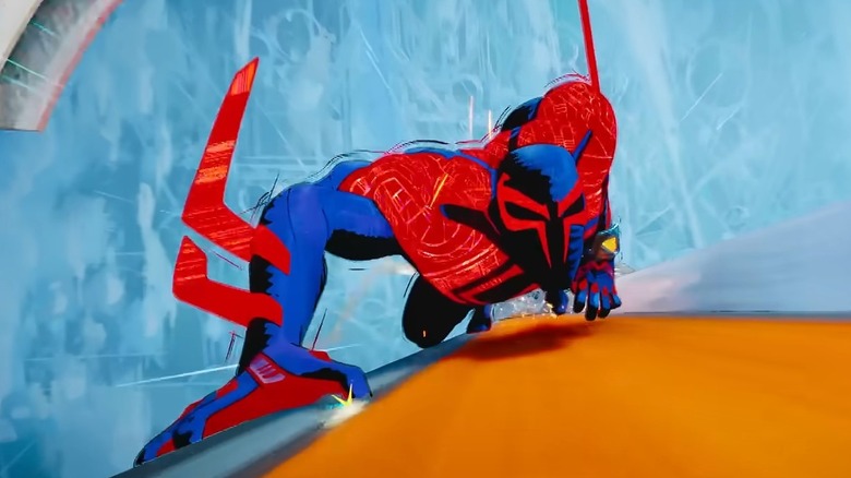 Spider-Man 2099 climbing up a structure in Spider-Man: Across the Spider-Verse