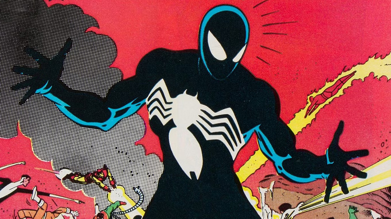 Peter Parker dressed in the symbiote suit in Secret Wars
