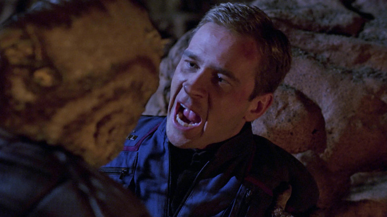 Trip Tucker (Connor Trinneer) yells at Zho'Kaan (Gregg Henry) in Star Trek: Enterprise