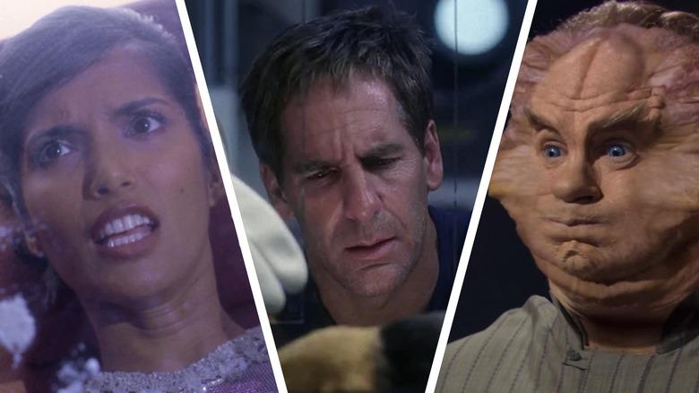 A collage of Kaitaama (Padma Lakshmi), Jonathan Archer (Scott Bakula), and Phlox (John Billingsley) making awkward faces in Star Trek: Enterprise