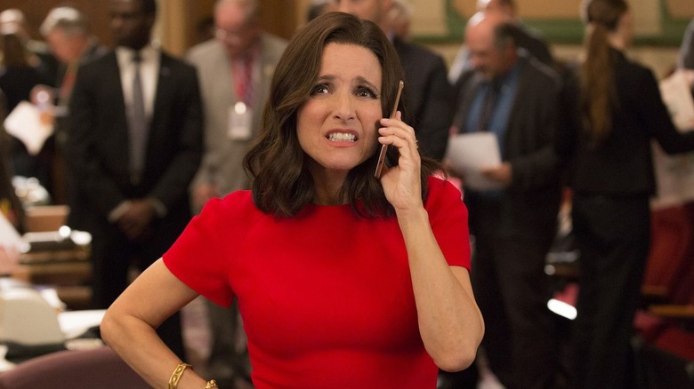 Julia Louis-Dreyfus as Selina Meyer on the phone in Veep