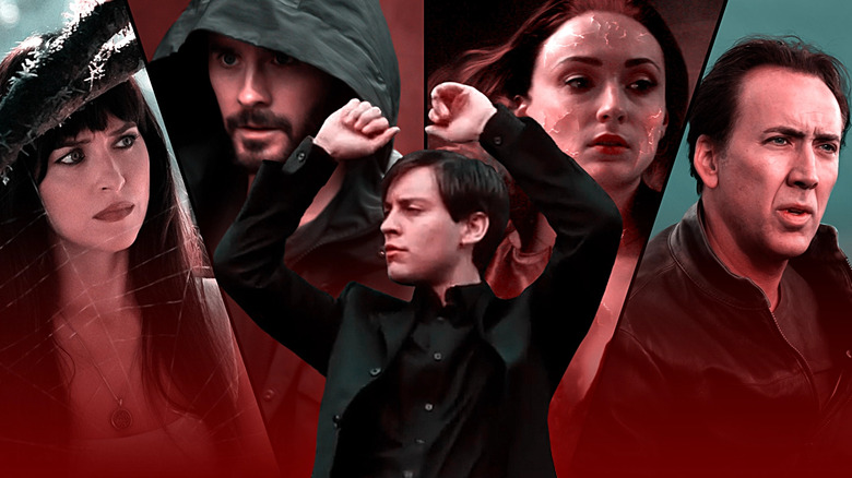 Dakota Johnson in Madame Web, Jared Leto in Morbius, Tobey Maguire in Spider-Man 3, Sophie Turner in Dark Phoenix, and Nicolas Cage in Ghost Rider: Spirit of Vengeance