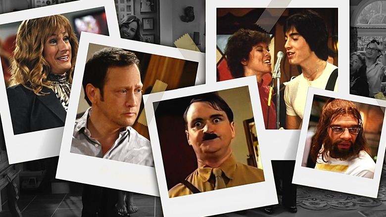 Scott Baio and Erin Moran in Joanie Loves Chachi in the center, and on the sides, Nick Kroll in Cavemen, Benjamin Koldyke (dressed as a woman) in Work It, and Neil McCaul in Heil Honey, I'm Home, and Rob Scheider in Rob.