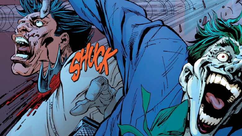 A batarang slits Jason Todd's throat, forcing him to drop the Joker