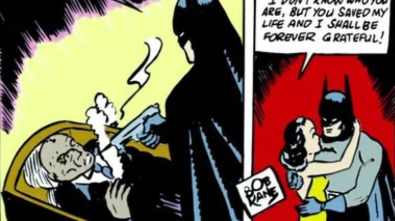 Batman shoots the monk in one panel and reunites with his love in the next
