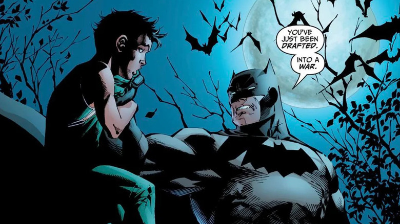 Batman yanks a young Dick Grayson into the air with the text bubble: "You've just been drafted. Into a war."