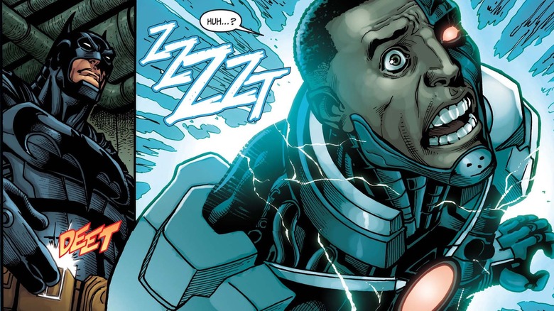 Batman triggers an electrical shock in Cyborg