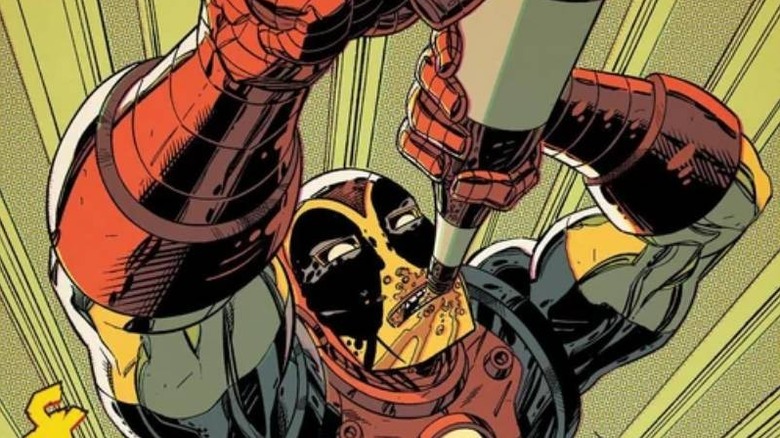 Deadpool dressed as Iron Man chugging booze in Marvel Comics