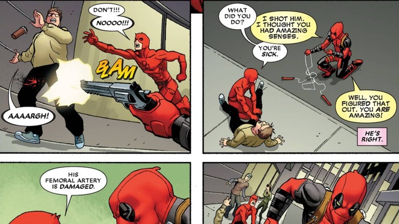 Deadpool making chimichangas with a man tied up in Cooking With Deadpool
