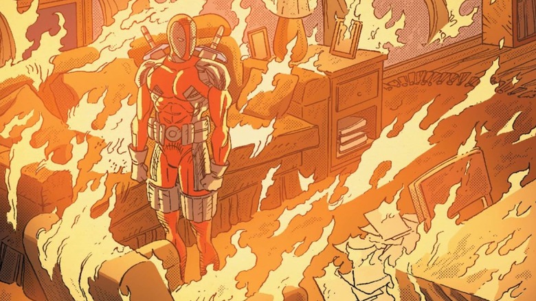 Deadpool surrounded by fire in his parents' home in Marvel Comics