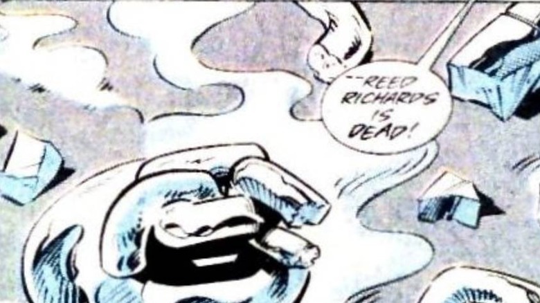 Chains smoldering while someone proclaims that Reed Richards is dead in Marvel Comics