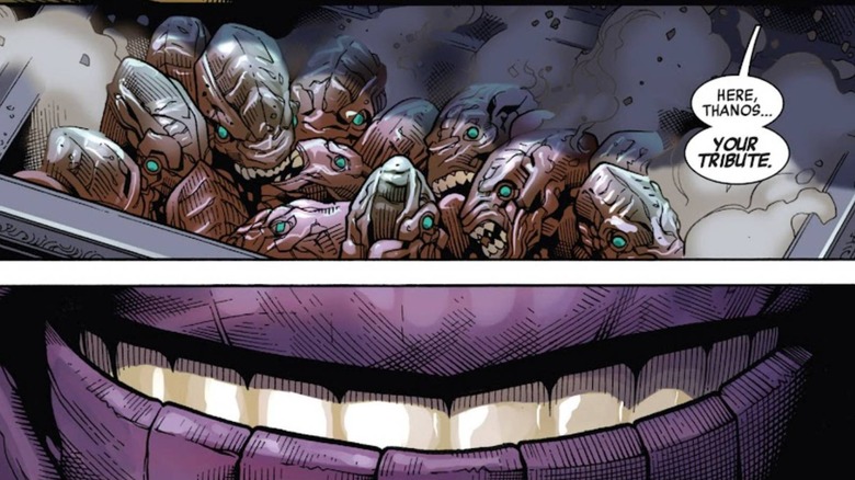 Thanos smiling upon seeing dead tributes in Infinity #1