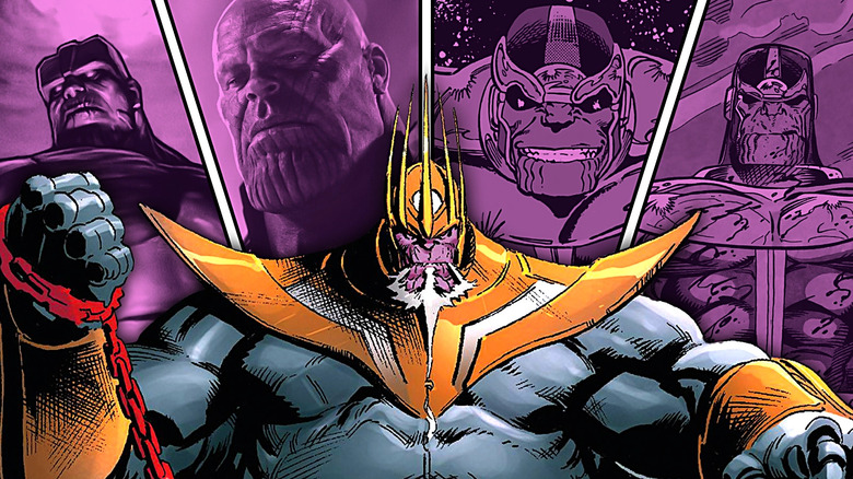 King Thanos in front of four other Thanosi