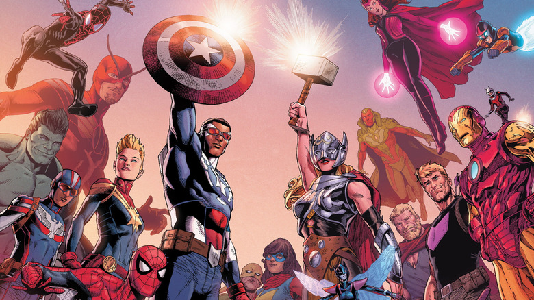 An Avengers group shot from Secret Empire #10 including Miles Morales, Hulk, Patriot, Giant Man, Captain Marvel, Spider-Man, Captain America, Iron Fist, Ms. Marvel, Mighty Thor, Wasp, Vision, Thor, Scarlet Witch, Hawkeye, Iron Man, Ant-Man, and Nova