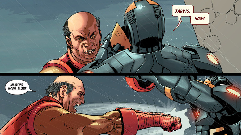 Jarvis in an Iron Man suit fighting Tony Stark in Avengers #27 (2014)