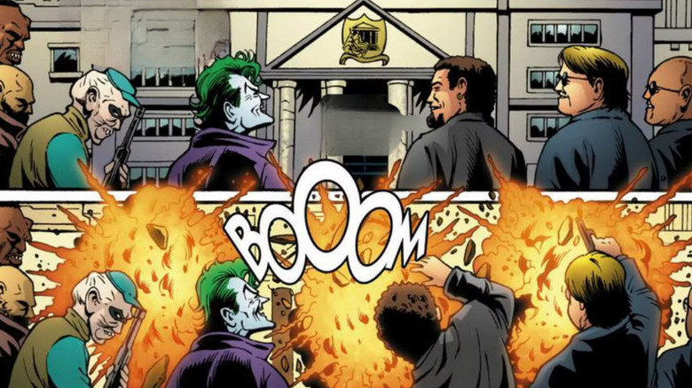 Joker laughs outside of a school exploding