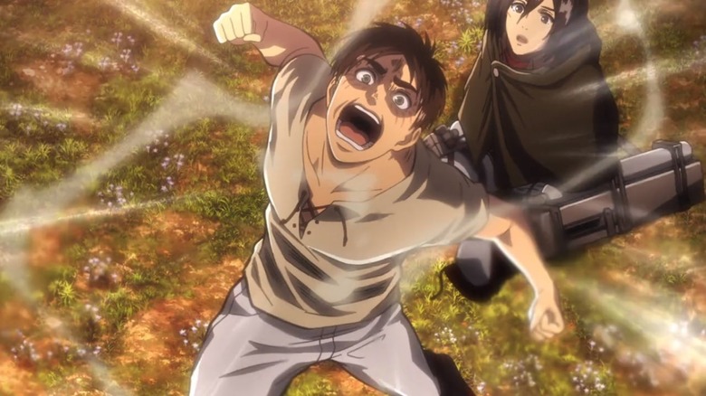 Attack on Titan Eren screams at the Smiling Titan