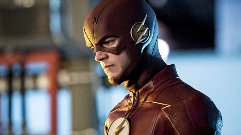The Flash, in costume, looks angry.