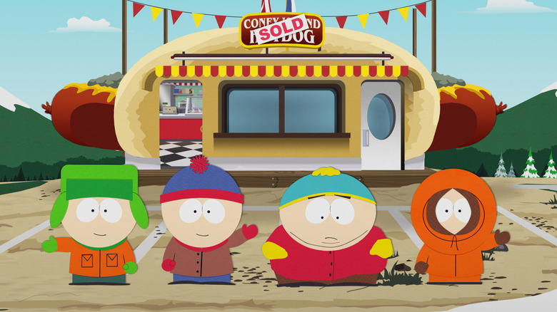 Kyle, Stan, Cartman, and Kenny strike a welcome pose