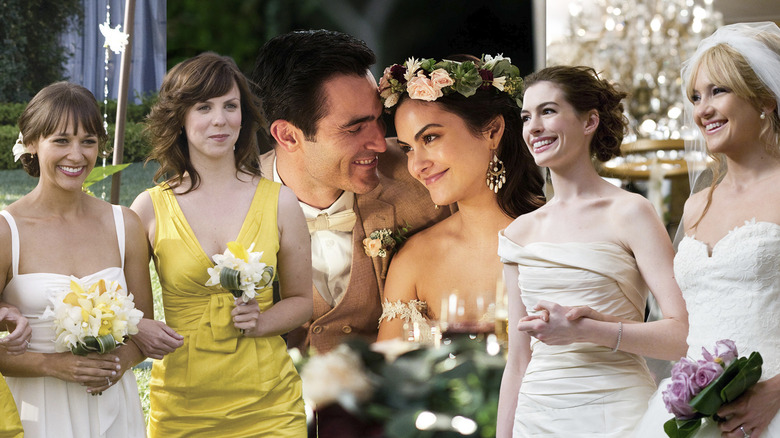 Three pairs of wedding scenes from I Love You Man, Palm Springs, and Bride Wars