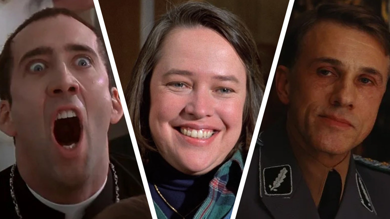 Nicolas Cage as Castor Troy in Face Off, Kathy Bates as Annie Wilkes in Misery, and Christoph Waltz as Hans Landa in Inglourious Basterds in a composite image