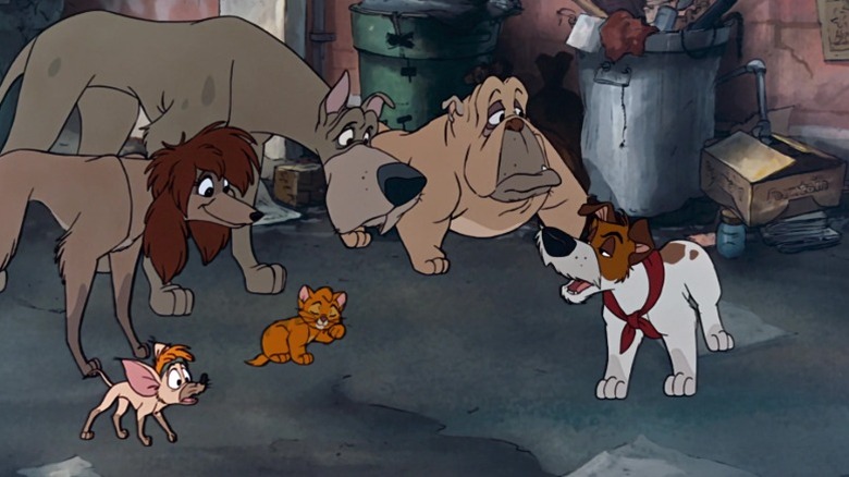 Tito, Rita, Oliver, Einstein, Francis listening to Dodger in Oliver & Company