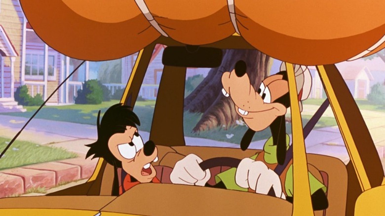 An angry Max talking to a tranquil Goofy in a car in A Goofy Movie