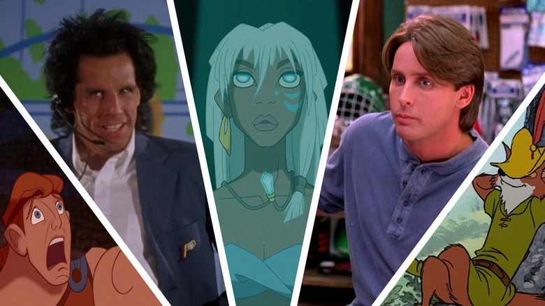 A collage of Hercules, Ben Stiller as Tony Perkis in Heavyweights, Princess Kidagakash in Atlantis: The Lost Empire, Emilio Estevez as Gordon Bombay in D2: The Mighty Ducks, and Robin Hood