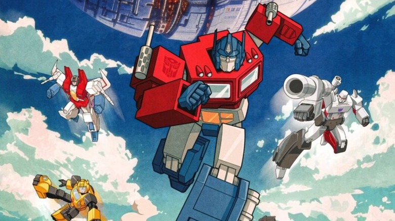 Optimus Prime with Megatron, Starscream, and Bumblebee running on the Transformers (1984) poster